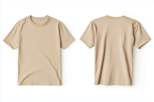 Beige empty blank front and back side t-shirt mockup template close up detail on white background, close up detail.