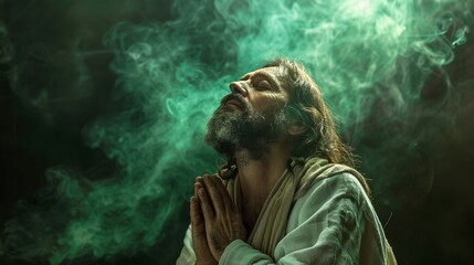 Fototapeta premium Jesus Christ Gazing Upward in a Dramatic Pose Surrounded by Fog.