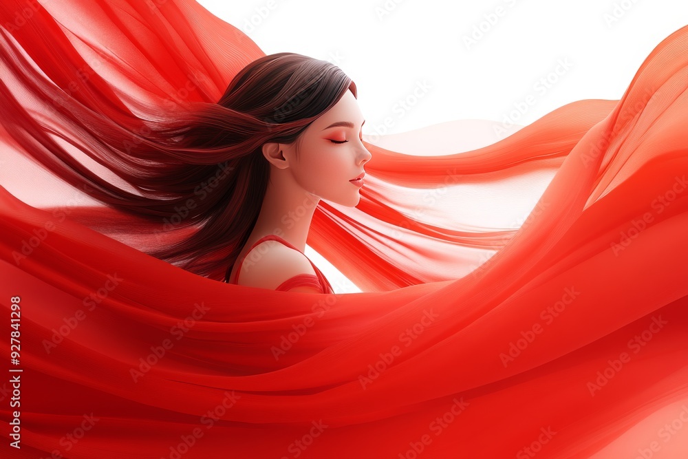 Poster dynamic image of a woman wrapped in a flowing red fabric capturing motion and emotion with a dramati