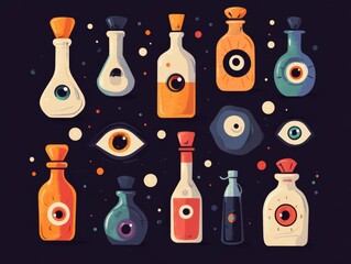 Eyeballs and potion bottles Scattered eyeballs and different potion bottles, flat design illustration