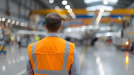 A man in a protective vest visits an aircraft factory. Back view