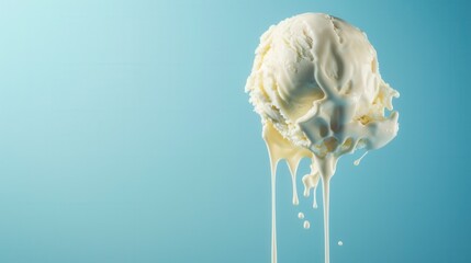 Melting scoop of vanilla ice cream with plain background.