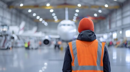 A man in a protective vest visits an aircraft factory. Back view