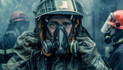 Fototapeta premium A man in a yellow helmet and orange jacket is putting on a gas mask. The scene is set in a factory or industrial setting