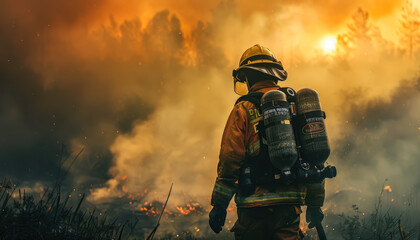 Fototapeta premium A firefighter is walking through a field of fire. The sky is orange and the fire is spreading