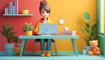 Teen girl works at a green desk surrounded by a playful mix of red-yellow walls, books, and a bear toy. Add some cookie breaks and cozy vibes to your study routine!