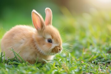 Fototapeta premium Cute baby brown bunny in easter garden Close up symbol of festival