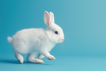 Obraz premium Cute Easter bunny hops and sniffs on blue screen