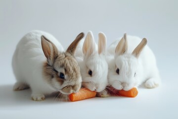 Obraz premium Cute Easter bunnies eating carrots on a white background close up