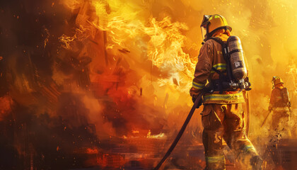 Naklejka premium A firefighter is walking through a field of fire. The sky is orange and the fire is spreading