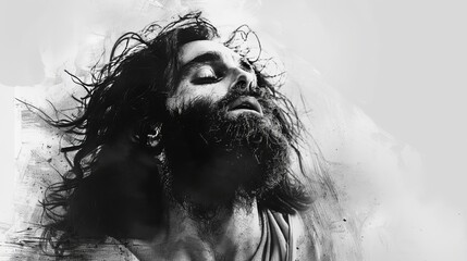 Fototapeta premium Jesus with Beard and Closed Eyes, Head Tilted Up in Artistic Style.