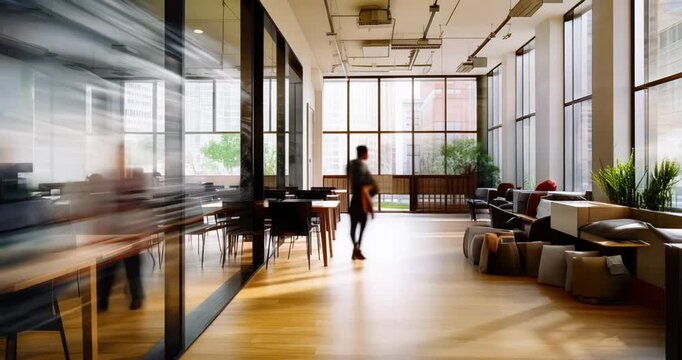 business people walking moving working talking in motion blur time lapse seamless loop, concept of corporate crowd rush silhouette in fast speed busy hurry