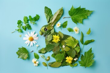 Kids craft of making a bunny using leaves and flowers in spring viewed from above children s activity