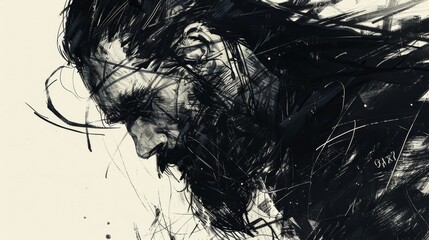 Fototapeta premium Ink Drawing of Jesus with Bold Brushstrokes on White Paper.