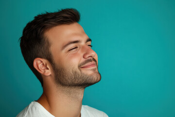 A close up of a man's face with his eyes closed