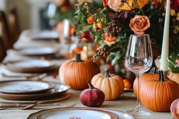 Beautifully arranged autumn dining table with pumpkins and floral centerpiece for a festive gathering