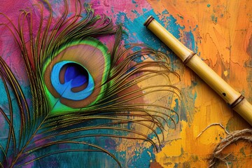 Peacock feather and bamboo flute against bright backdrop