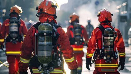 Naklejka premium A group of firefighters are lined up in front of a wall. They are all wearing masks and suits