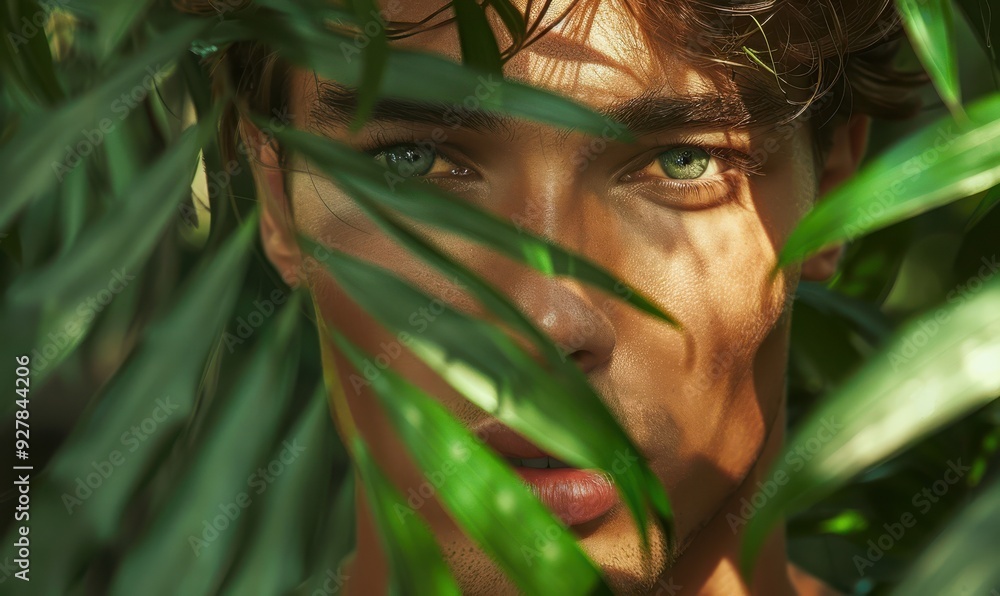 Sticker handsome man posing amidst lush green jungle leaves, looking mysterious.