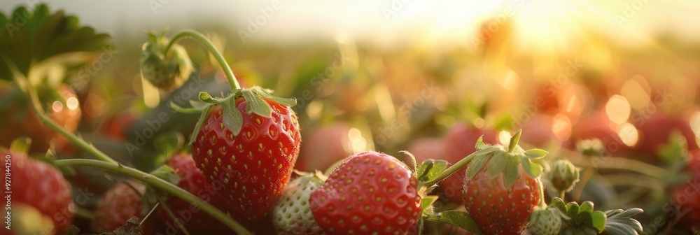 Wall mural strawberry plant with fruit in plantation farm field