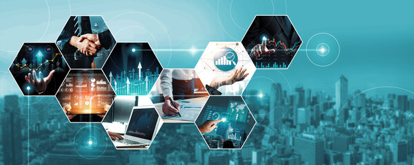Futuristic business digital financial data technology concept for future big data analytic and business intelligence research for businessman analyst invest decisions making panoramic banner kudos