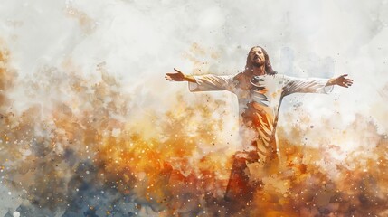 Naklejka premium Watercolor Illustration of Jesus Christ with Open Arms and Splashes.