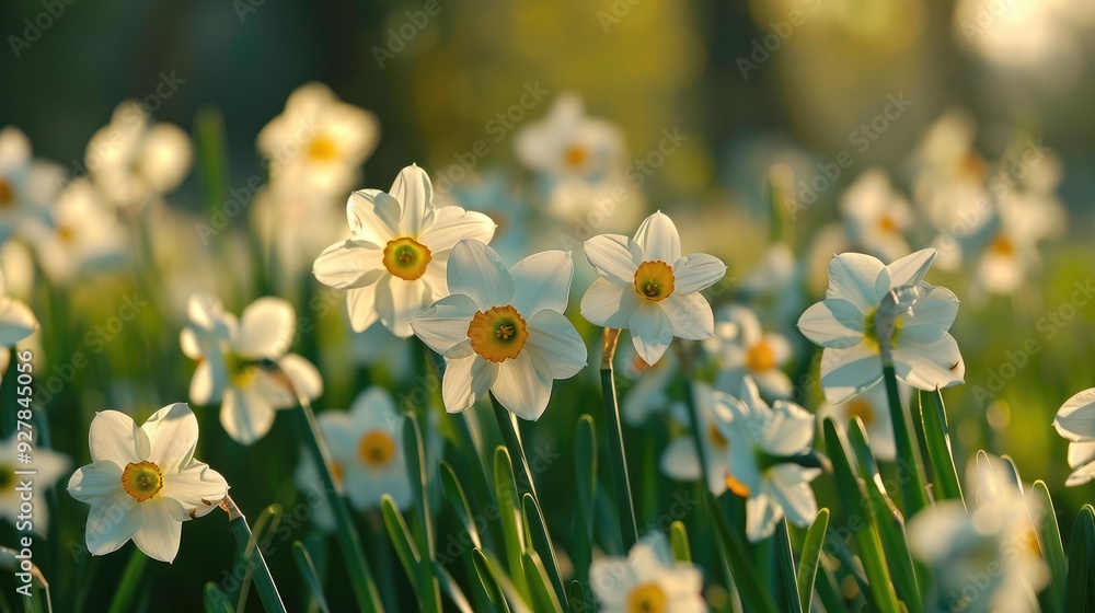 Sticker white daffodils bloom in park meadow