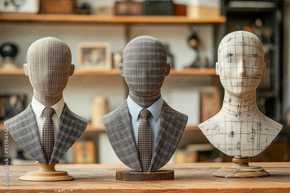 Poster mannequins dressed in sharp suits illustrating a range of business attire options for the discerning