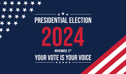 USA 2024 Presidential Election background with American flag colors design. Election event banner, card, poster, template, voting communication, background. Vote day, November 5. Vector illustration.