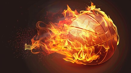 A basketball engulfed in flames, with sparks flying off and a dark background.