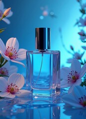 A bottle of perfume elegantly displayed with a flower, creating a fragrant and appealing composition.