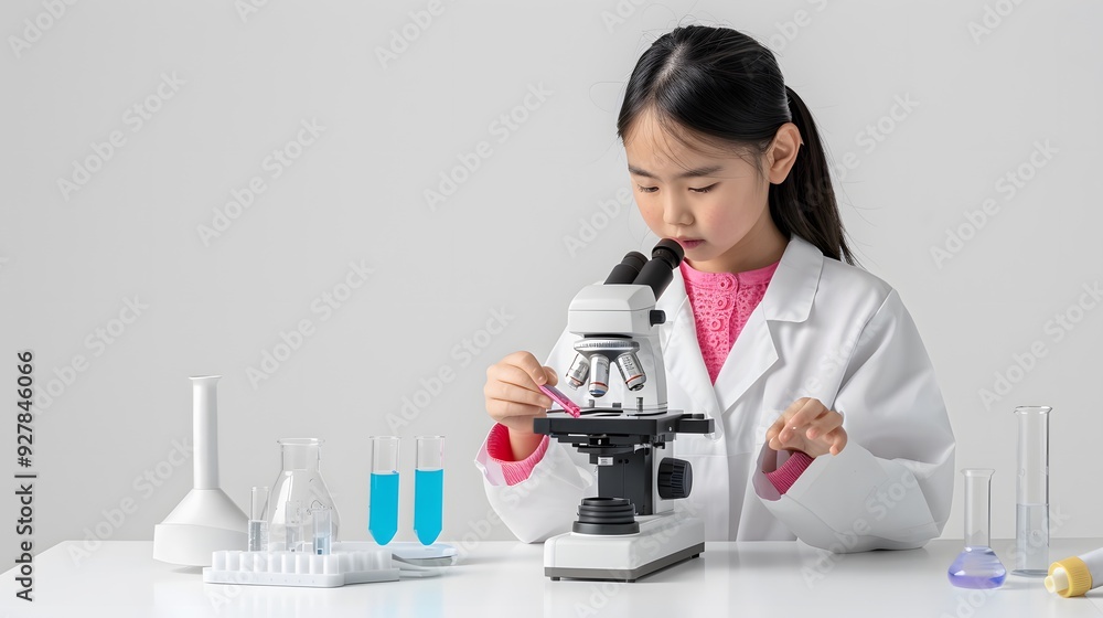 Poster girl in a lab coat and safety goggles conducting an experiment with glassware in a science classroom