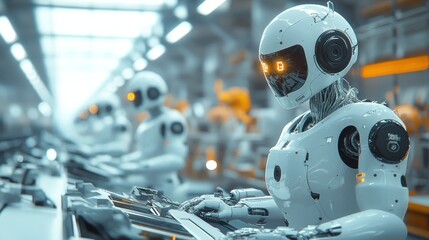 Fototapeta premium Futuristic Factory: Robots Working in a Modern Manufacturing Environment