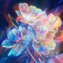Obraz premium A bouquet of holographic flowers, each petal reflecting different memories of love, Scifi, Illustration, Bright and pastel colors