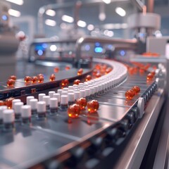 Fototapeta premium Medical Ampoule Production Line at Modern Modern Pharmaceutical Factory. Glass Ampoules are being Filled. Medication Manufacturing Process.