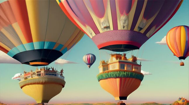 Floating dogs in a hot air balloon parade over a vibrant landscape