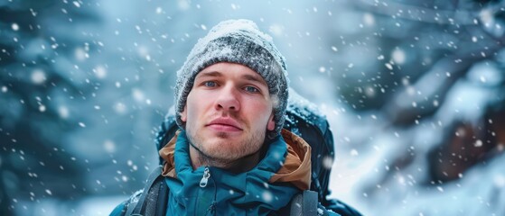 Young man in winter attire, facing a snowy landscape with blurred trees. Free copy space for text.