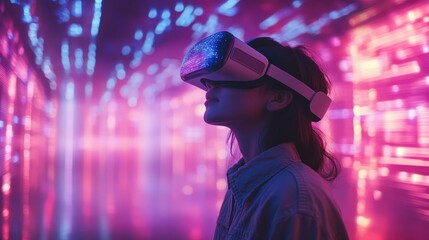 Woman Experiencing Virtual Reality in Neon Lights