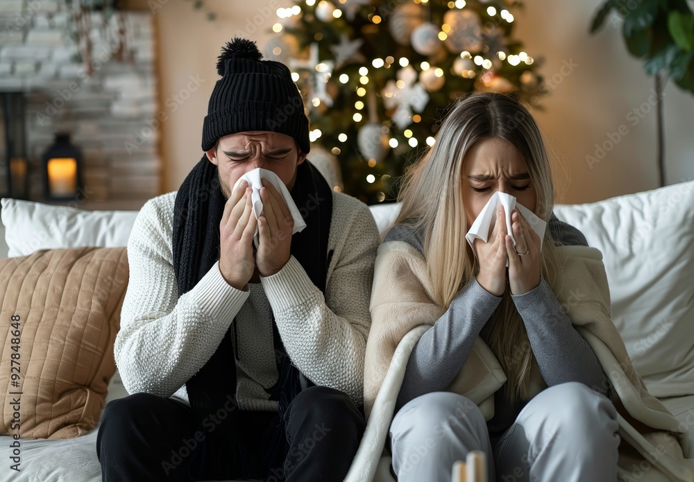 Wall mural man and woman on sofa blowing noses while suffering from cold symptoms