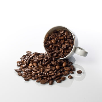 Espresso Coffee Cup with Roasted Coffee Beans, Rich Aroma and Caffeine for Morning Breakfast Beverage Isolated on White Background