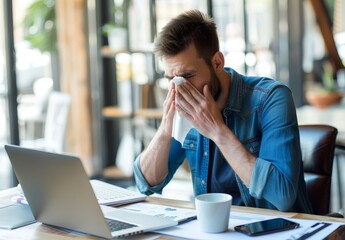 Man Blowing Nose in Tissue at Modern Desk While Working Outdoors.