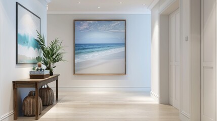 A large wall art frame of a calm beach and ocean hangs elegantly in a bright, modern hallway, enhancing the peaceful ambiance of the space