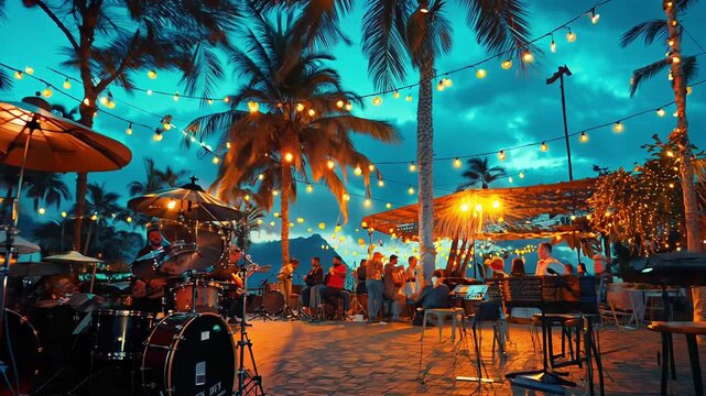 Outdoor Night scene with Festive String Lights, Empty Stage, Drum Set, and Guitar in Tropical Setting. Brazil Independence Day
