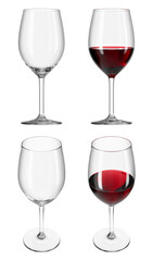 Glass with red wine on the isolated transparent background. Set of empty glasses and with drink in different angles. Bar theme. 3d rendering.