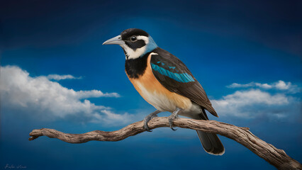 Fototapeta premium Lyrebird Perched on a Branch with Blue Background, Realistic Photo, Wallpaper, Cover and Screen for Smartphone, Cell Phone, Computer, Laptop