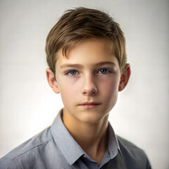 Elegant Portrait of a Teenage Boy with Serious Expression and Soft Lighting in a Minimalistic Background
