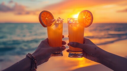 Two glasses of orange juice clink with tropical sea and sunset romantic background