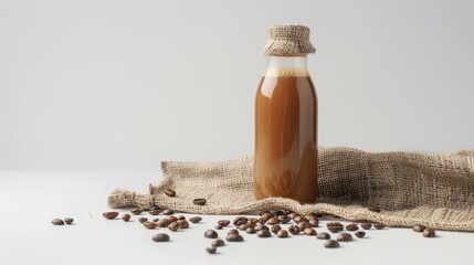 Latte iced coffee and coffee beans on a bottle displayed on a sack against a white background with a minimalist design for beverages or wallpaper use