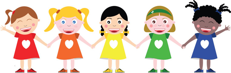 Cute kids girls hand in hand and Childhood Comic Set with Girl, Teenager, Baby,  Friendship, Love, School, Smiles and Fun Vector Illustrations isolated