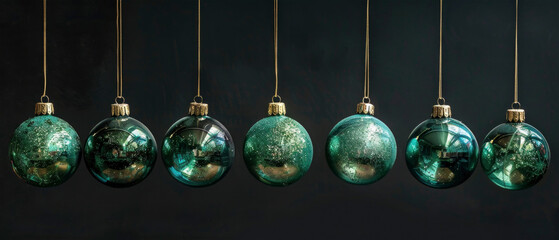 Merry Christmas celebration holiday background greeting card, hanging green golden christmas baubles balls as ornament isolated on black background 